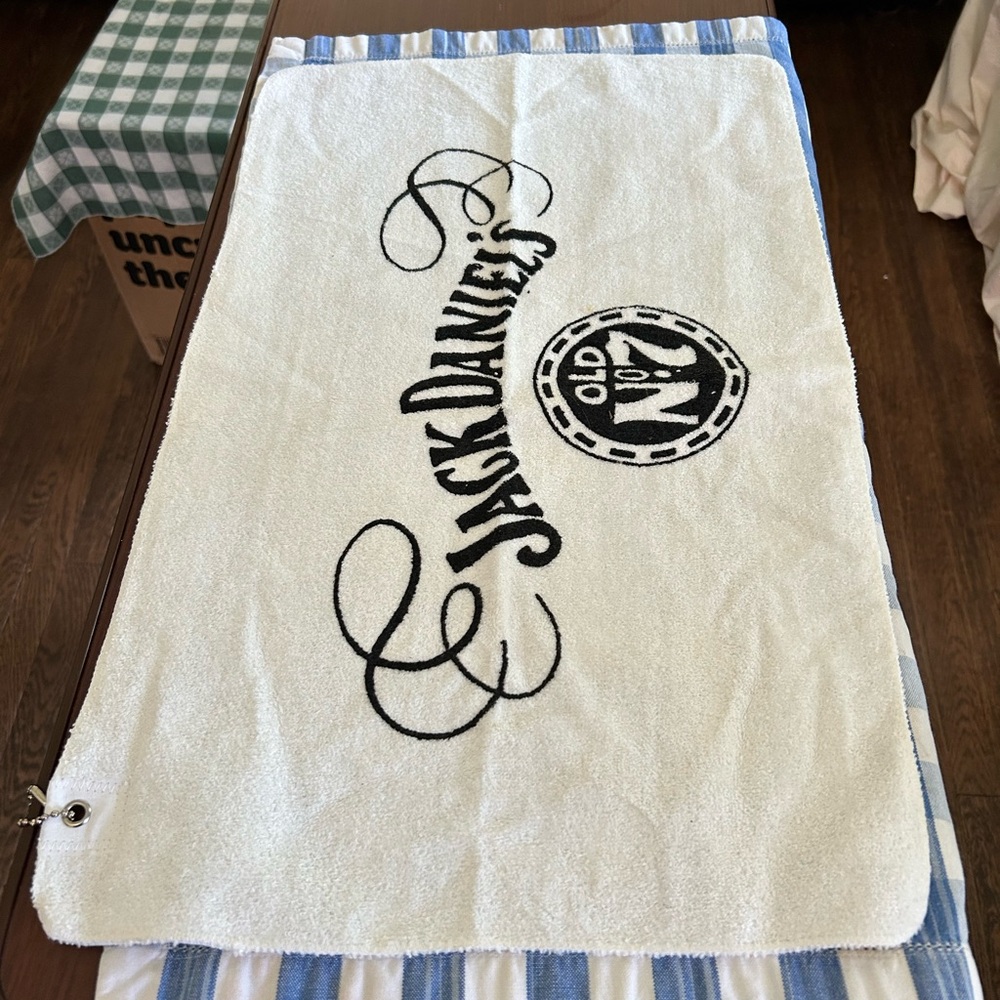 Jack Daniels White and Black golf bag towel 23 x 13 1/2 finished edges.